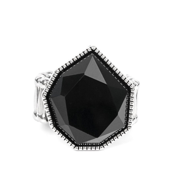 Paparazzi Black and Silver Hexagonal Ring Dynamically Defaced Fashion Jewelry - Picture 1 of 3